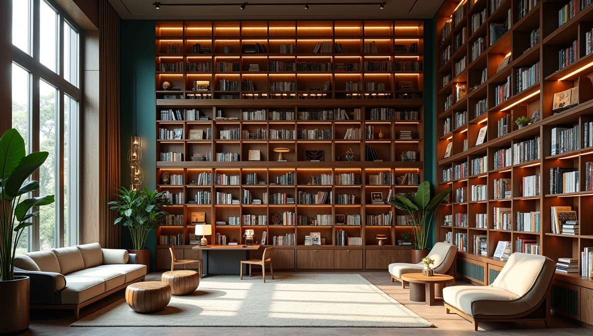 Bright modern library lounge with floor-to-ceiling bookshelves
