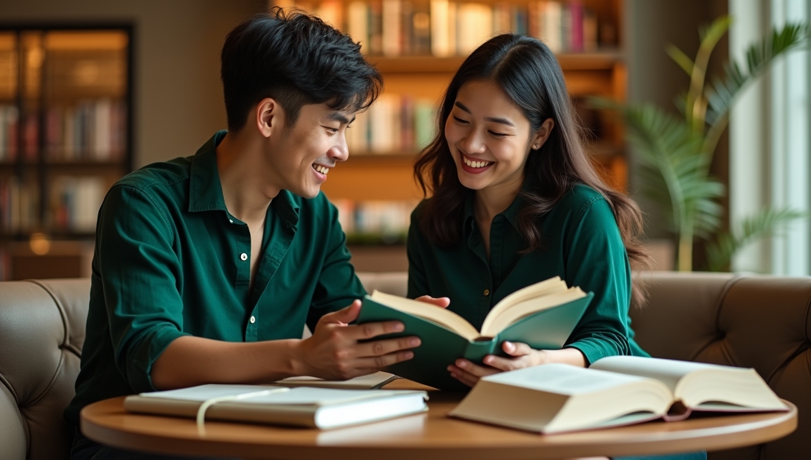 Two readers sharing a book at a table in a library setting