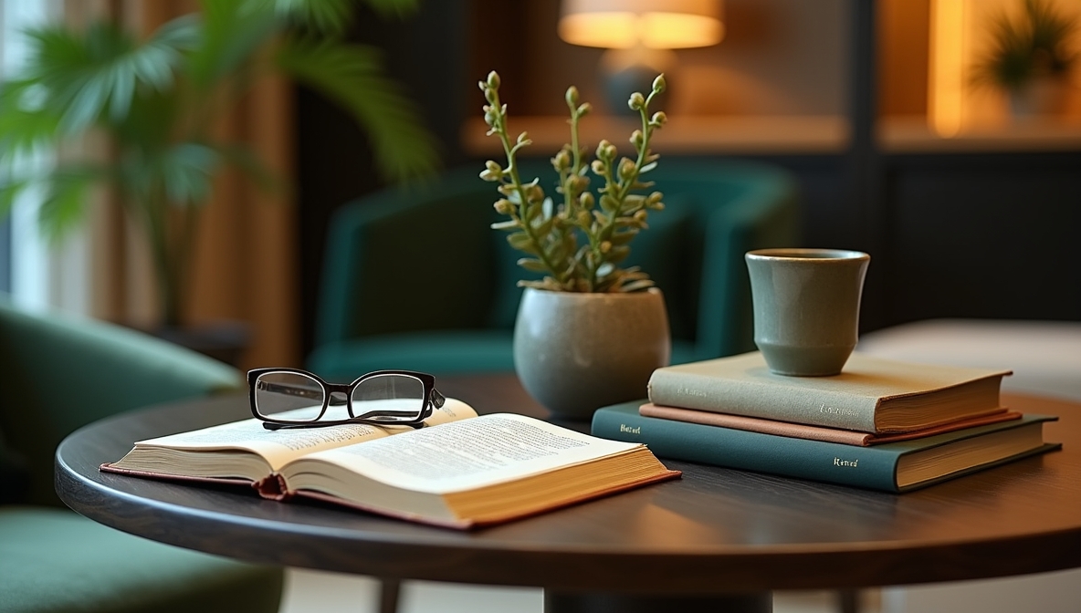 Curated stack of books and reading glasses on a table in a literary lounge