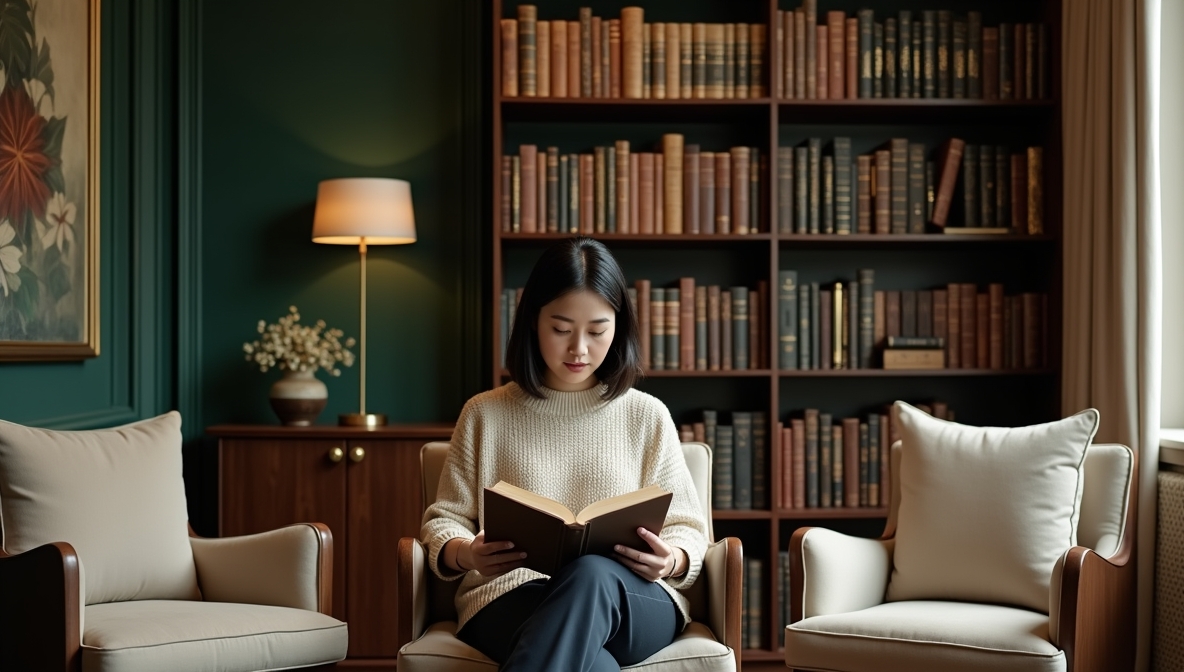 Reader enjoying a book in a cozy home library